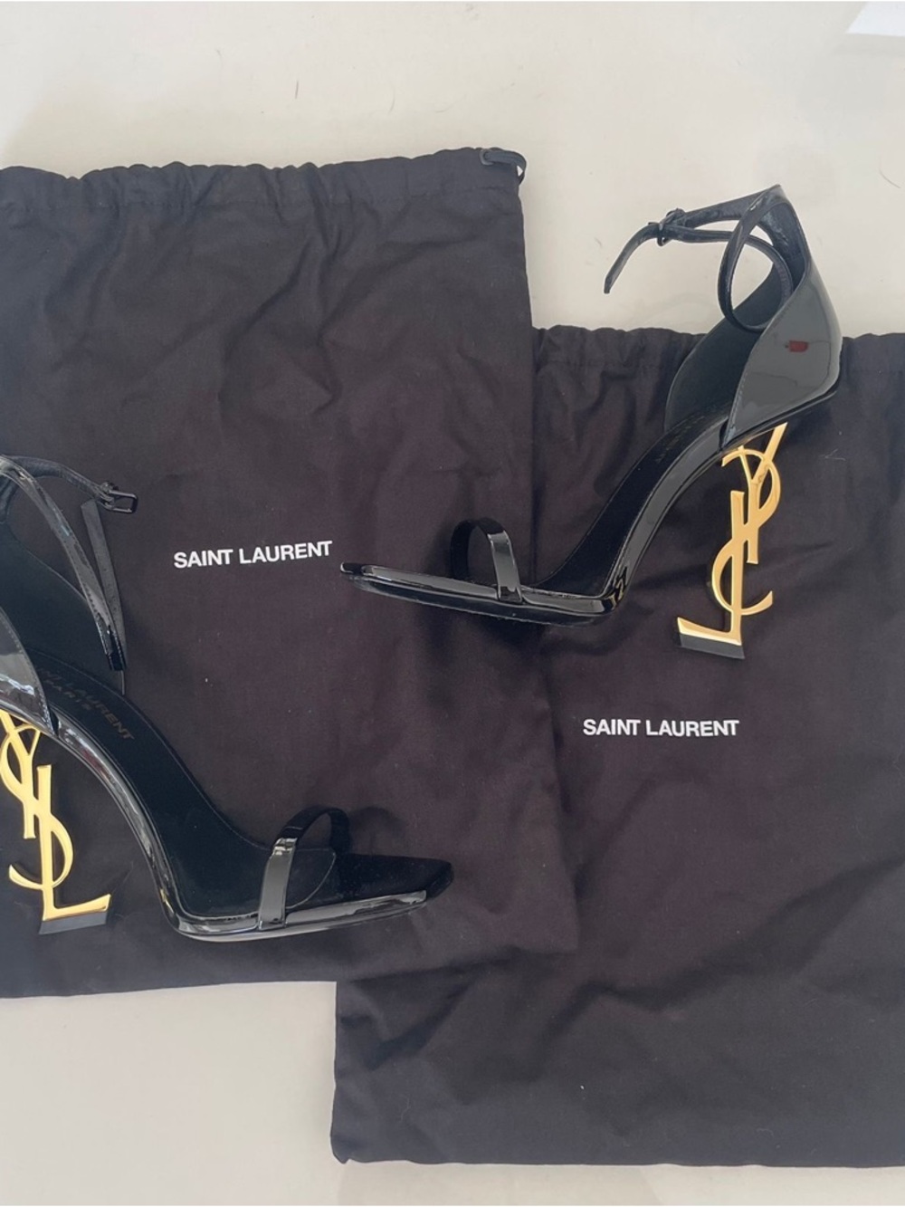 Saint Laurent Black Patent Tribute Sandals with Gold YSL Heel - Picture 3 of 4